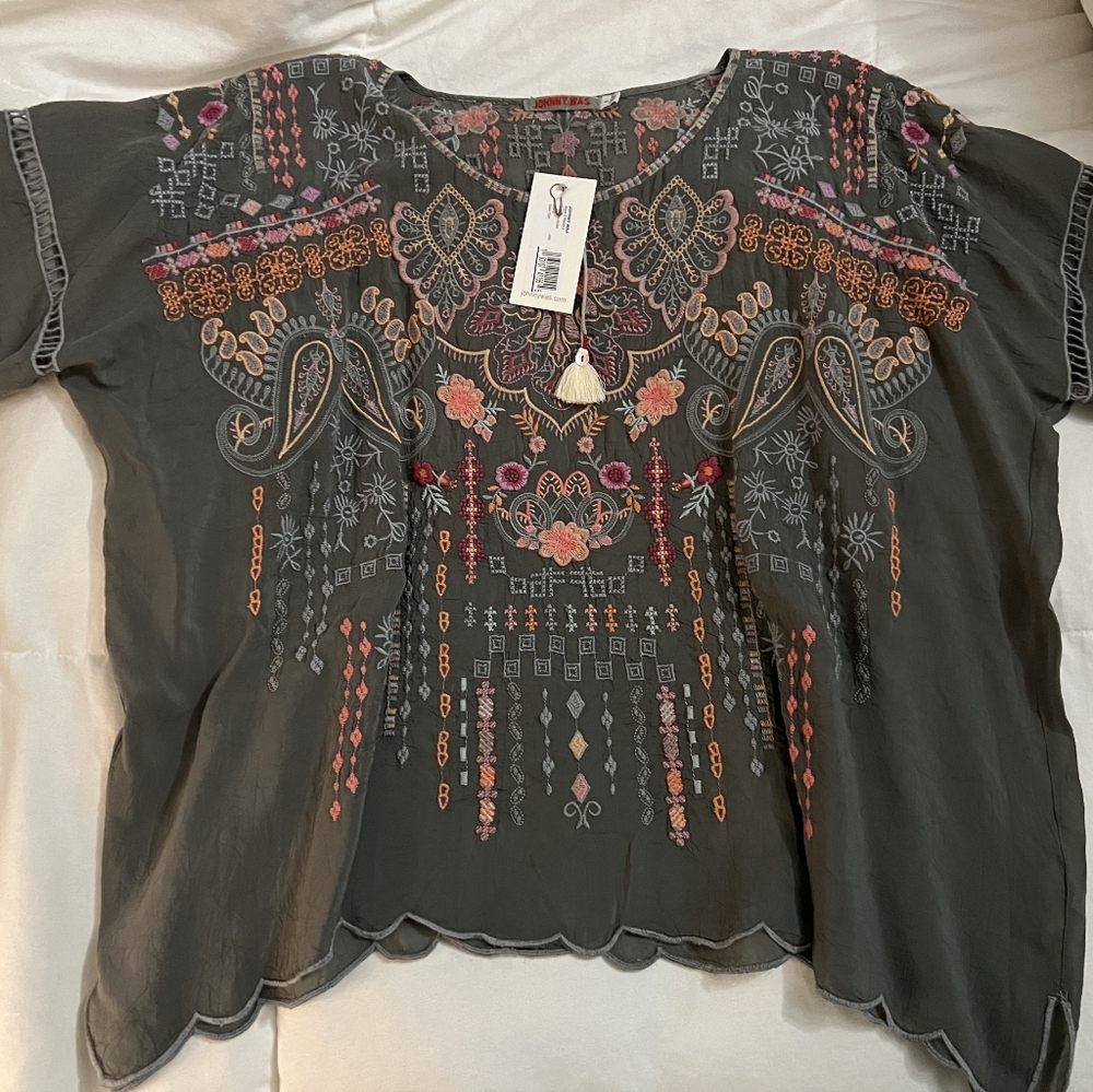 Johnny Was Green Blouse with Colorful Embroidery